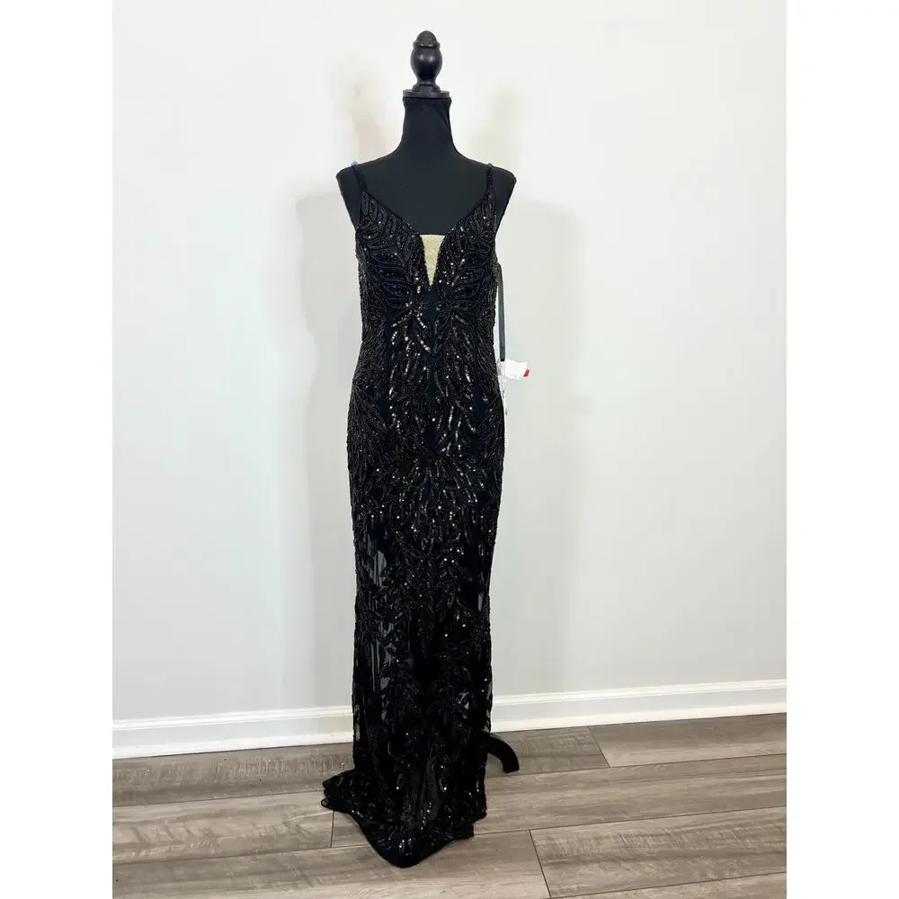 Mac Duggal Embellished Leaf Beaded Gown Black Size 6 - Picture 2 of 10